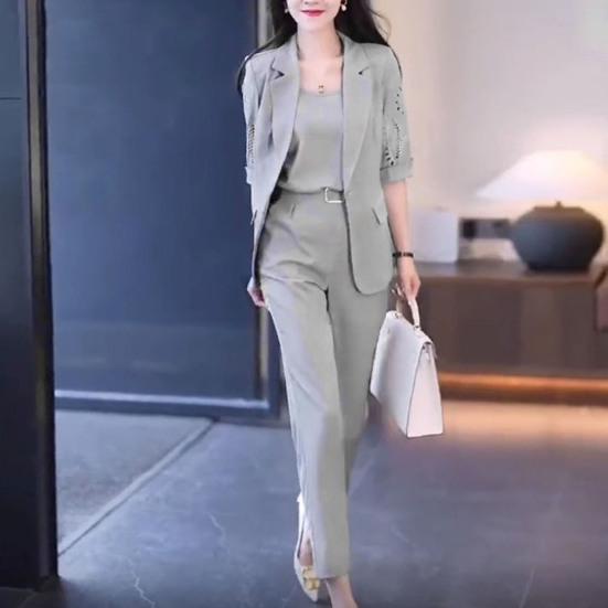 3 stk/sett kvinner forretningsdrakt V-hals ermeløs vest halvermet jakkeslag hul kåpe høy midje haremsbukser ensfarget formell pendlerstil