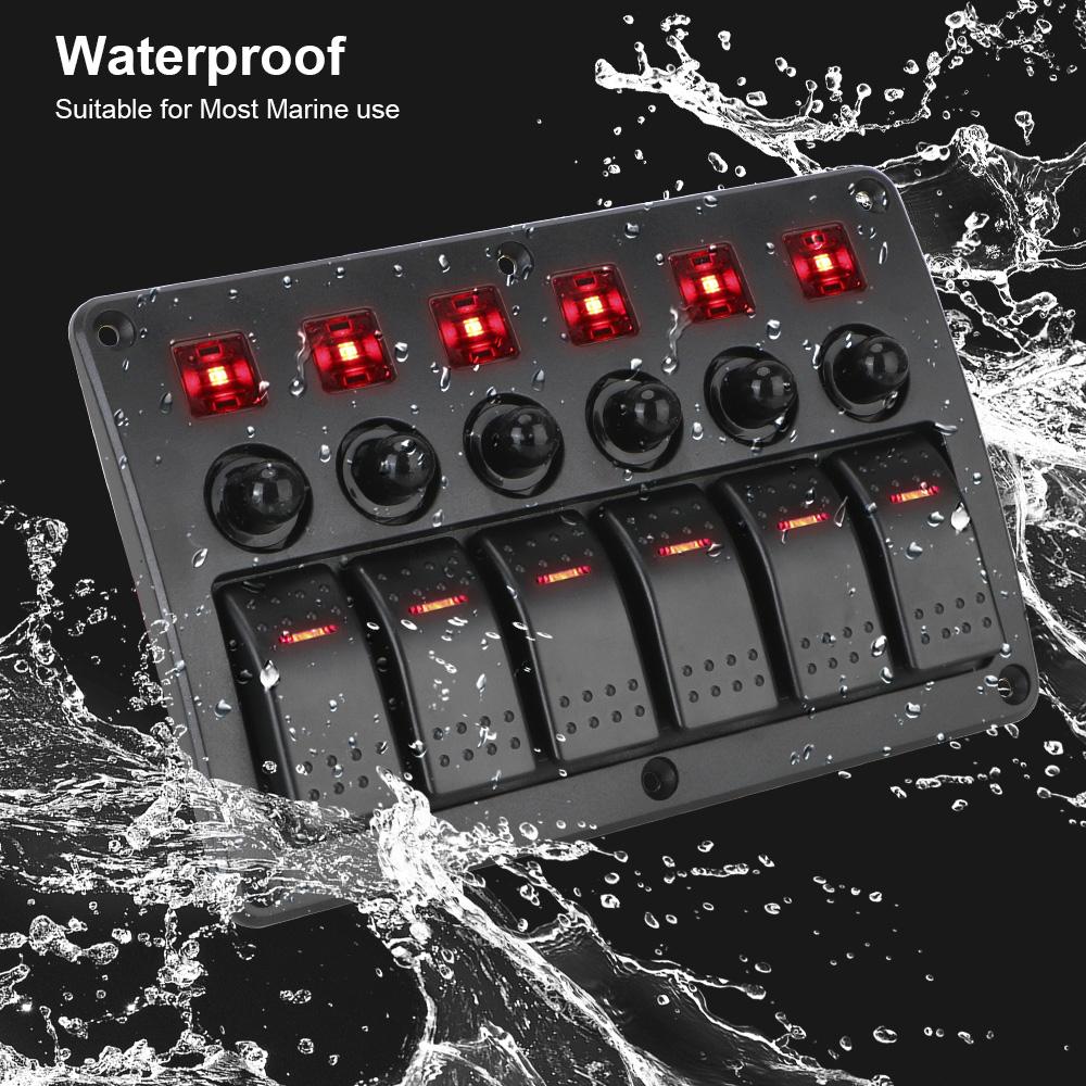Marine Rocker Switch Panel 6 Gang Car Switch Panel Waterproof with Sticker Interior Parts LED Light 12~24V Circuit Control
