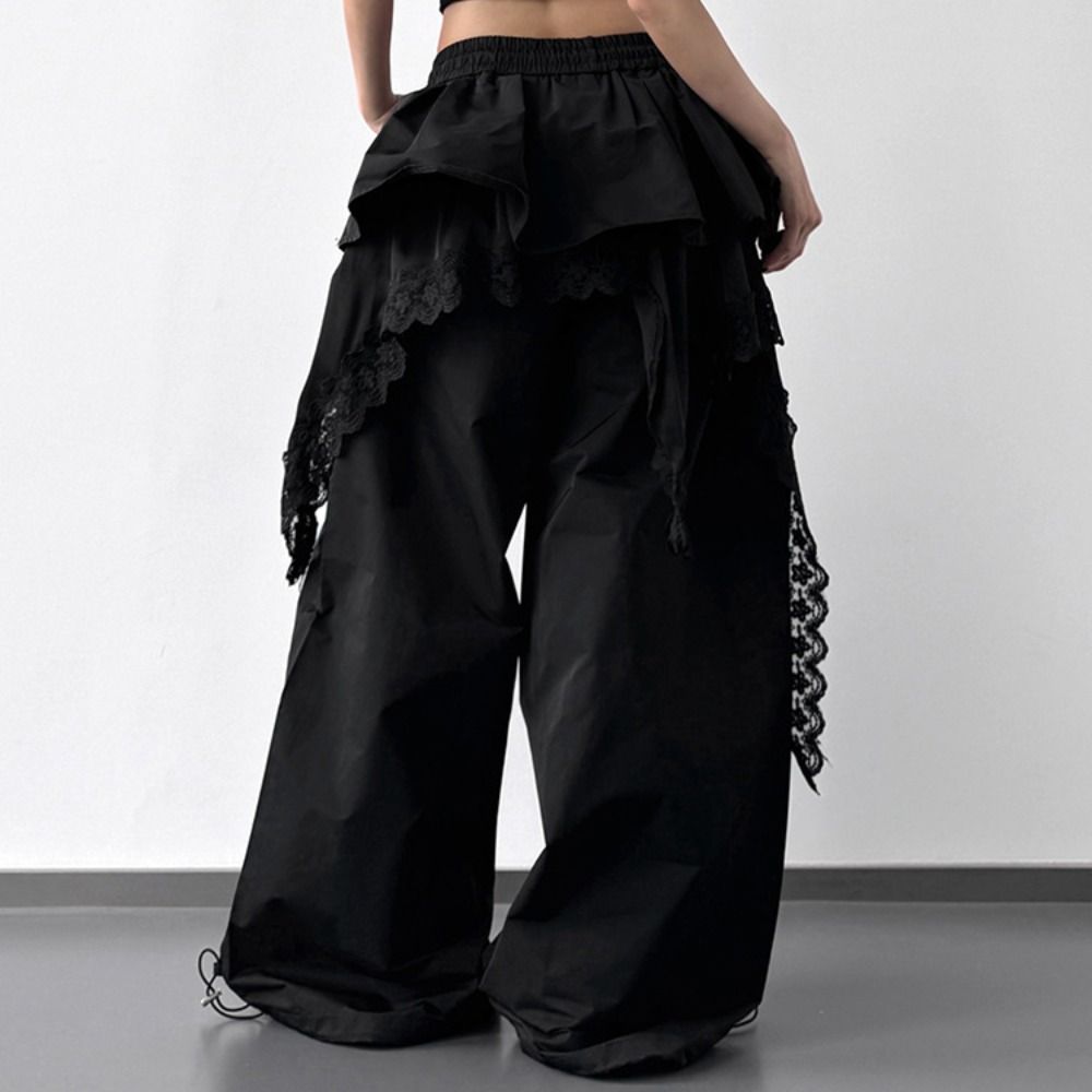 Young Women Lace Tiered Skirt Pants Baggy Wide Leg Trousers Y2k Lace Patchwork Pants  Lady