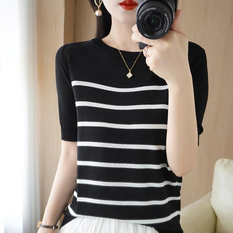 

2025 Новая женская футболка в полоску из ледяного шелка и льна: Топ с изогнутым бисером, круглым вырезом и короткими рукавами Extra Large чёрный