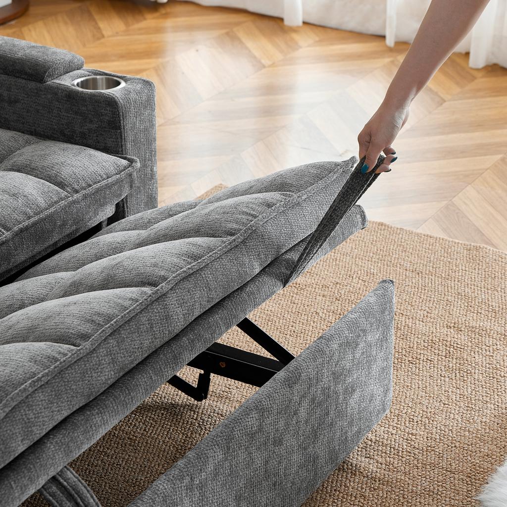 Um sofá-cama 3 em 1 com 142 cm de largura, função de reclinação, almofadas de assento e encosto macias como nuvens, duas almofadas lombares, arrumação, porta-copos