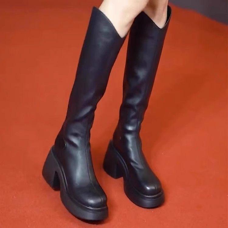 Boots women's thick heel thick sole 2025 autumn and winter new high heel boots V-mouth temperament but knee knight boots rear zipper