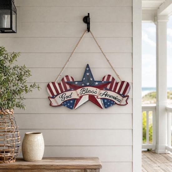 Yousheng Independence Day Wooden Sign, Rustic God Bless America Wall Hanging Decor with Red White Blue Stars and Stripes, Patriotic Wood Plaque for