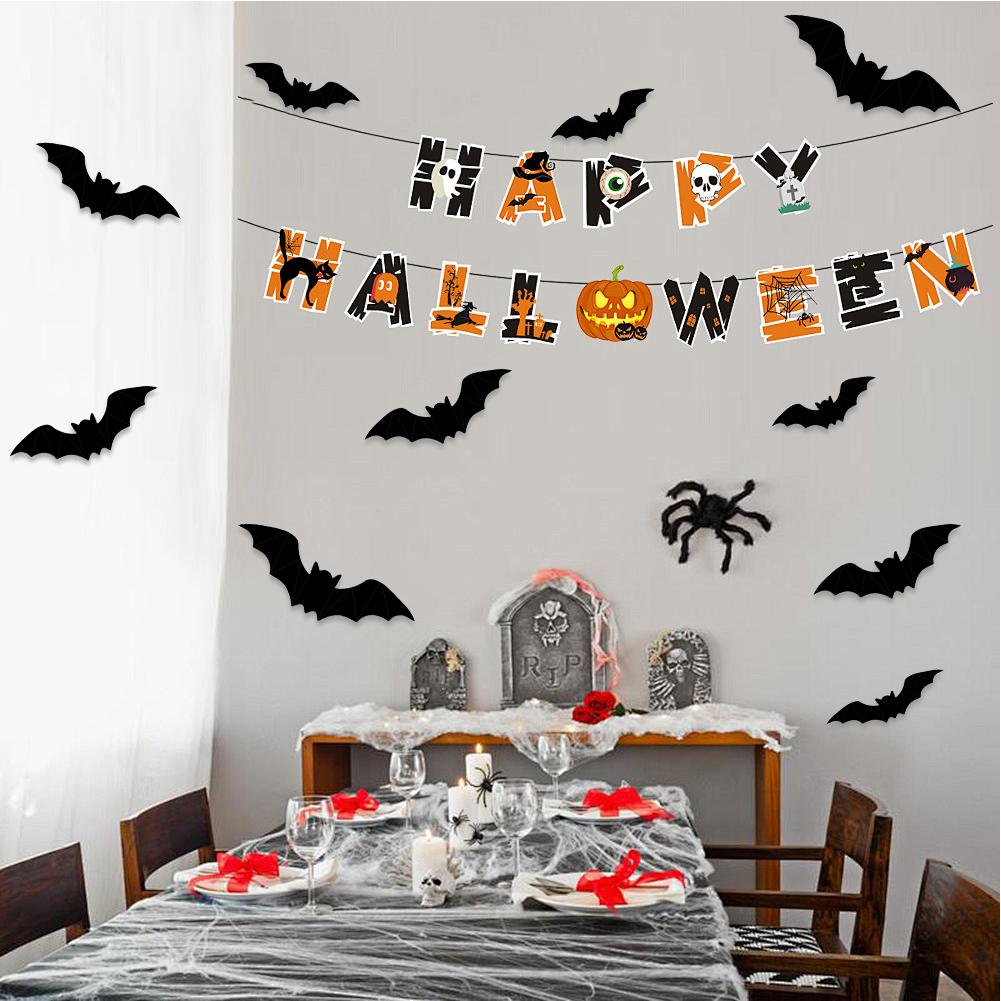 LED Halloween 3D Lighted Bats Battery Powered PVC Wall Decor Light Halloween Spider Atmosphere Lamp for Door Living Room Kitchen