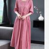 Women Round Collar Solid Color Dress Ladies Mid-length Waist Long Skirt Cotton A-Linen Dresses Women Clothing