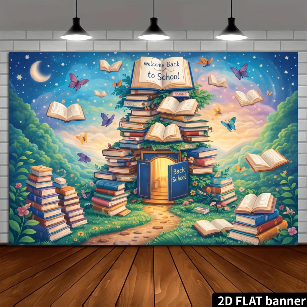 Bannière Plate 2D - Bannière Thème Saison Scolaire - Tissu de Fond avec Motif Château de Livres, présentant des livres flottants.
