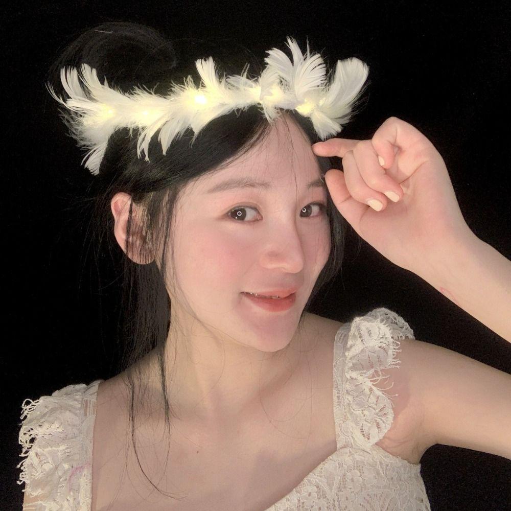 Christmas White Feather Luminous Garland New Year Women Hairband LED Feather Headband Party