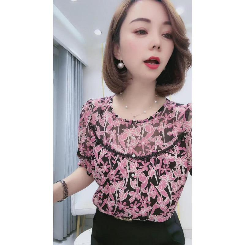 Women Casual Floral Print Lace Trim Loose Chiffon Blouse