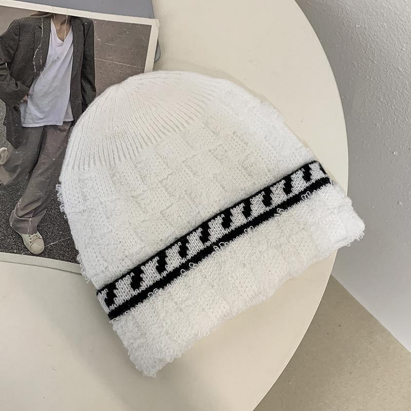 

Wool hat women s versatile winter ear protection warm bag head hat men s fashion color matching good elasticity comfortable cold hat Adult (54-60cm) белый