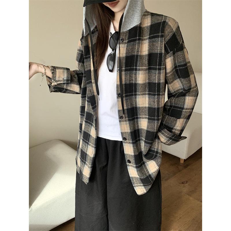 The real shot is not reduced, plaid retro shirt jacket autumn lazy cardigan design sense loose, hooded top