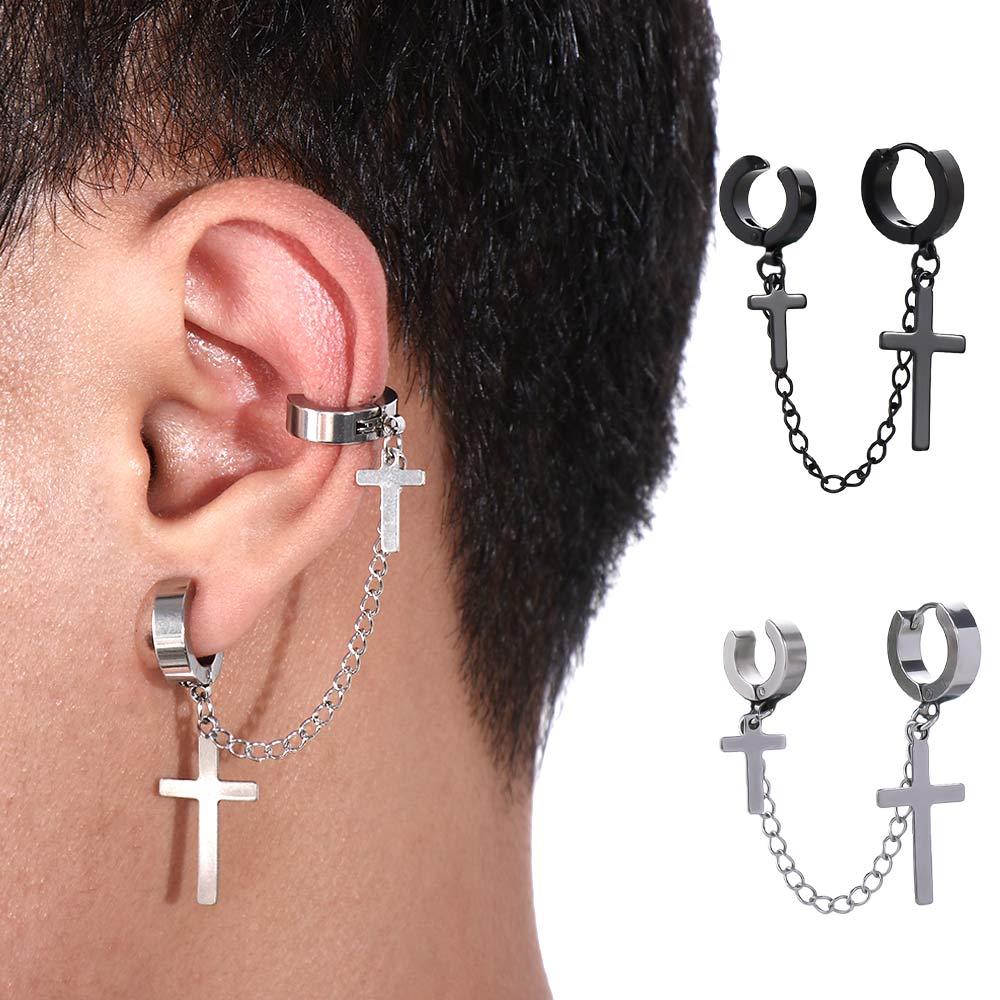Punk Cross No Pierced Chain Tassel Korean Stud Earrings Men Ear Cuff Dangle Earrings Women Ear Clip