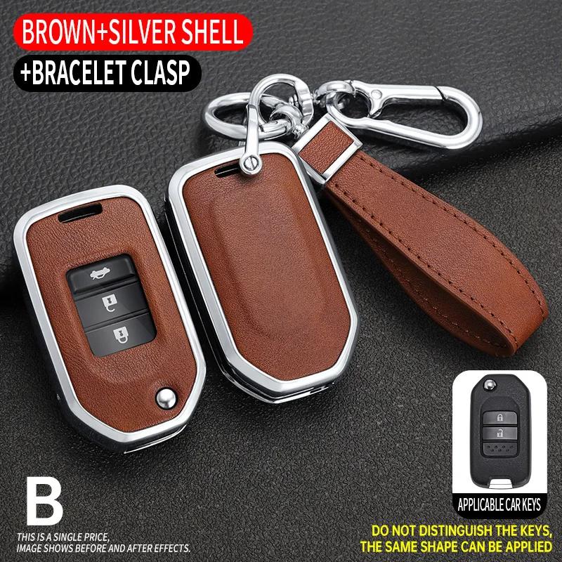 Interior Mouldings Zinc Alloy Leather Car Key Case Cover for Honda Civic 8th gen Folding Protected Key Replace Shell Keychain Au