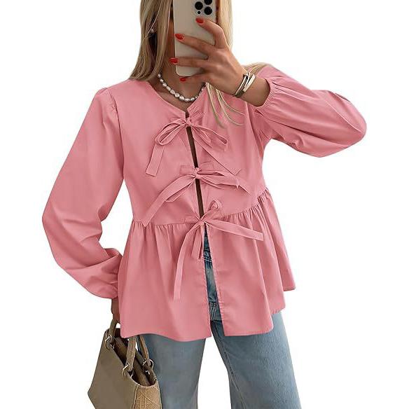 Top Peplo da Donna con Lacci sul Davanti Y2k Manica Corta a Sbuffo Camicia con Lacci Fiocco Orlo con Volant Bluse Babydoll