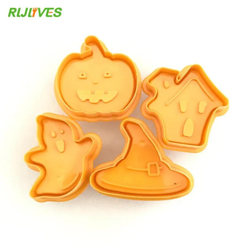 4pcs Halloween Pumpkin Ghost Theme Plastic Cookie Cutter Plunger Fondant Sugarcraft Chocolate Mold Cake Decorating Tools
