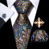 Pearl Brooch with Silk Tie for Men Vintage Floral Teal Necktie Hanky Cufflinks Gift Formal Set