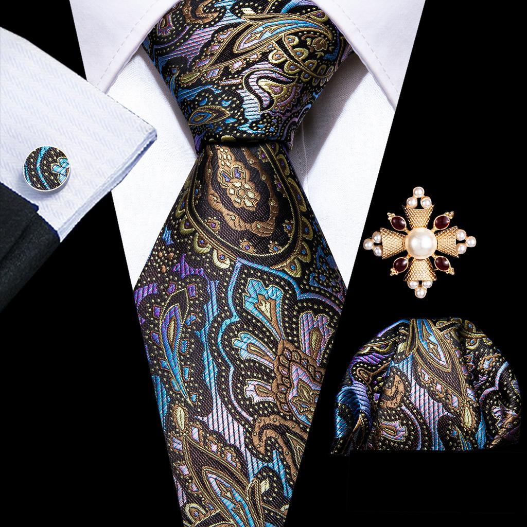 Pearl Brooch with Silk Tie for Men Vintage Floral Teal Necktie Hanky Cufflinks Gift Formal Set