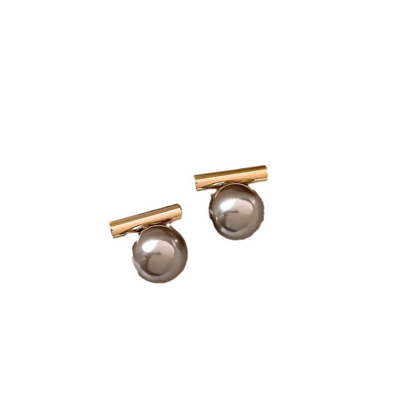 S925 Silver Needle French Gray Pearl Metal Stud Earrings - Retro Simple Style