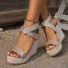 Fashion Women's Sandals 2025 Summer New Thick Bottom Cross Slope Heel Large Diamond Fish Mouth European and American High Heel Sandals