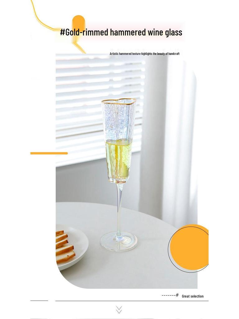 Elegant Hammered Heart-Shaped High-Stemmed Crystal Champagne Glass with Gold-Plated Edge