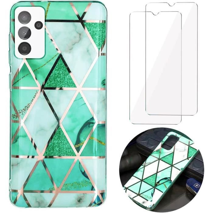 Coque + 2 Verres Trempés pour Samsung Galaxy A04s-A13 5G, Slim Souple Motif Marbre Turquoise Antichoc