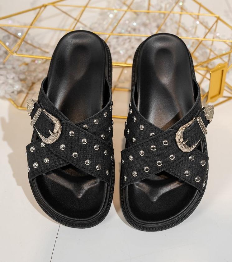 

Шлепанцы на толстой подошве с заклепками 2025 женские летние модные парусиновые нескользящие повседневные шлепанцы на среднем каблуке удобные пляжные шлепанцы 35 чёрный