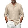 Men Linen‑Blend Button‑Down Shirt Stand Collar Chest Patch Pocket Roll‑Up Sleeve Button Tab Lightweight Breathable Wrinkle‑Resistant Casual Beach Top