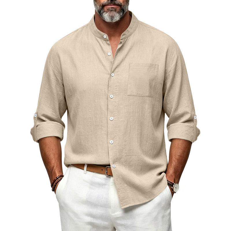 Men Linen‑Blend Button‑Down Shirt Stand Collar Chest Patch Pocket Roll‑Up Sleeve Button Tab Lightweight Breathable Wrinkle‑Resistant Casual Beach Top