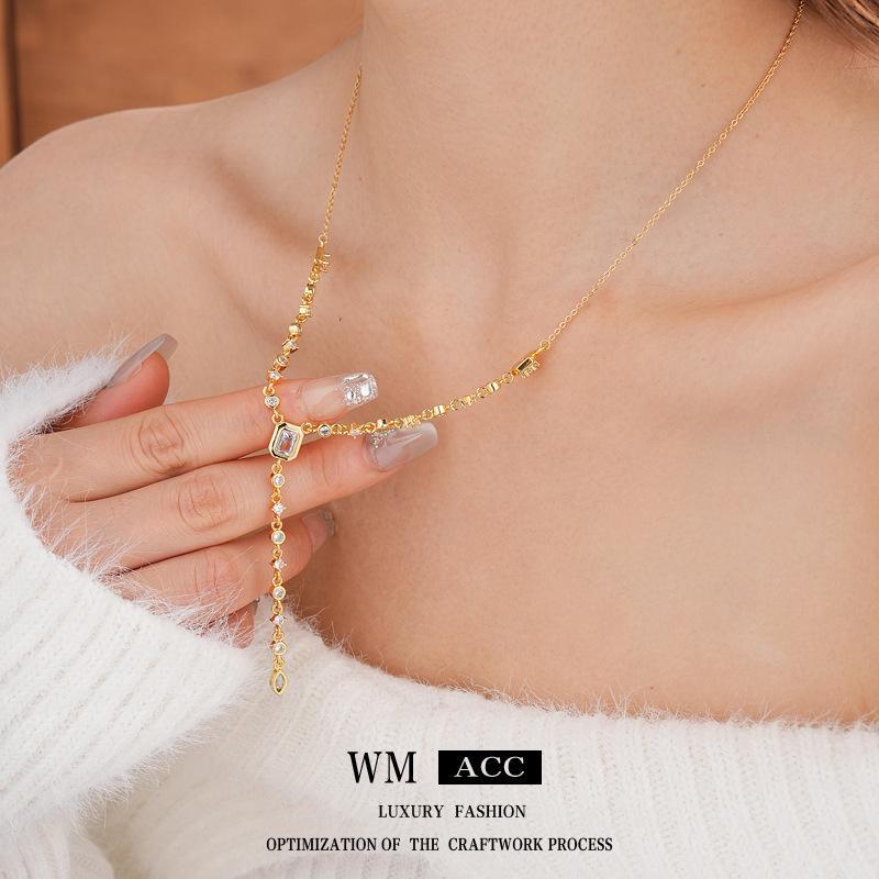 Gold Electroplated Oval Zircon Tassel Necklace - Korean Light Luxury, High-End Sweater Chain, European & American Style for Women