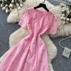 Elegant Summer Midi Dress for Women O-Neck High Waist Solid Spliced Lace with Embroidered Flowers Long Dress New Fashion