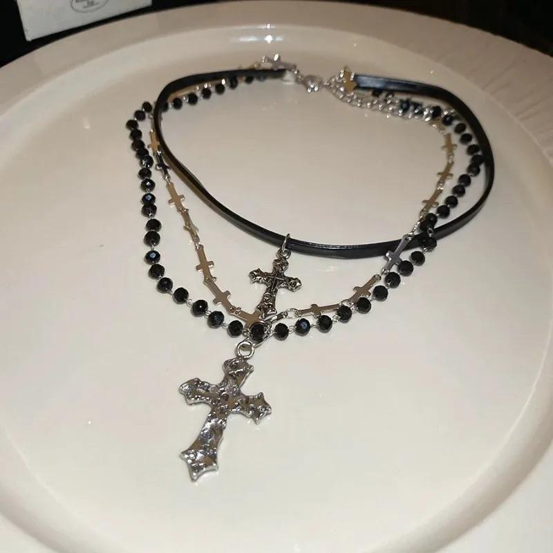 Punk Multi-Layer Cross Necklace Spicy Girl Vintage Beaded Long Cross Pendant Hip-pop Personalized Chain Long Necklace