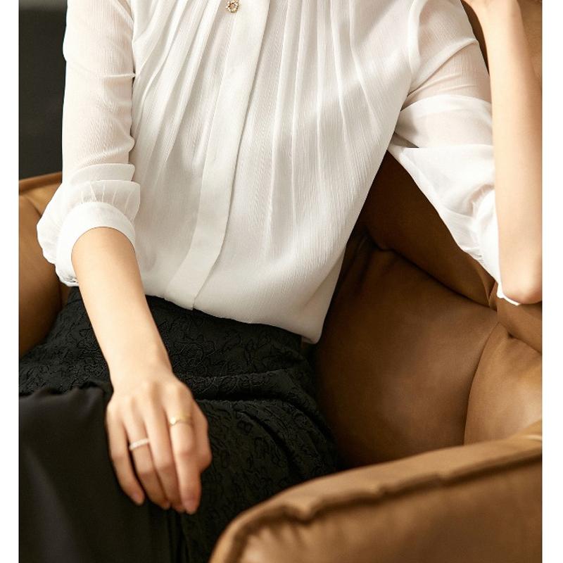 Fashion Crew Neck White Pleated Chiffon Shirt Women's 2025 Spring Summer Loose Casual Blouse Commuter Seven-quarter Sleeve Top Simple Clothes 2741