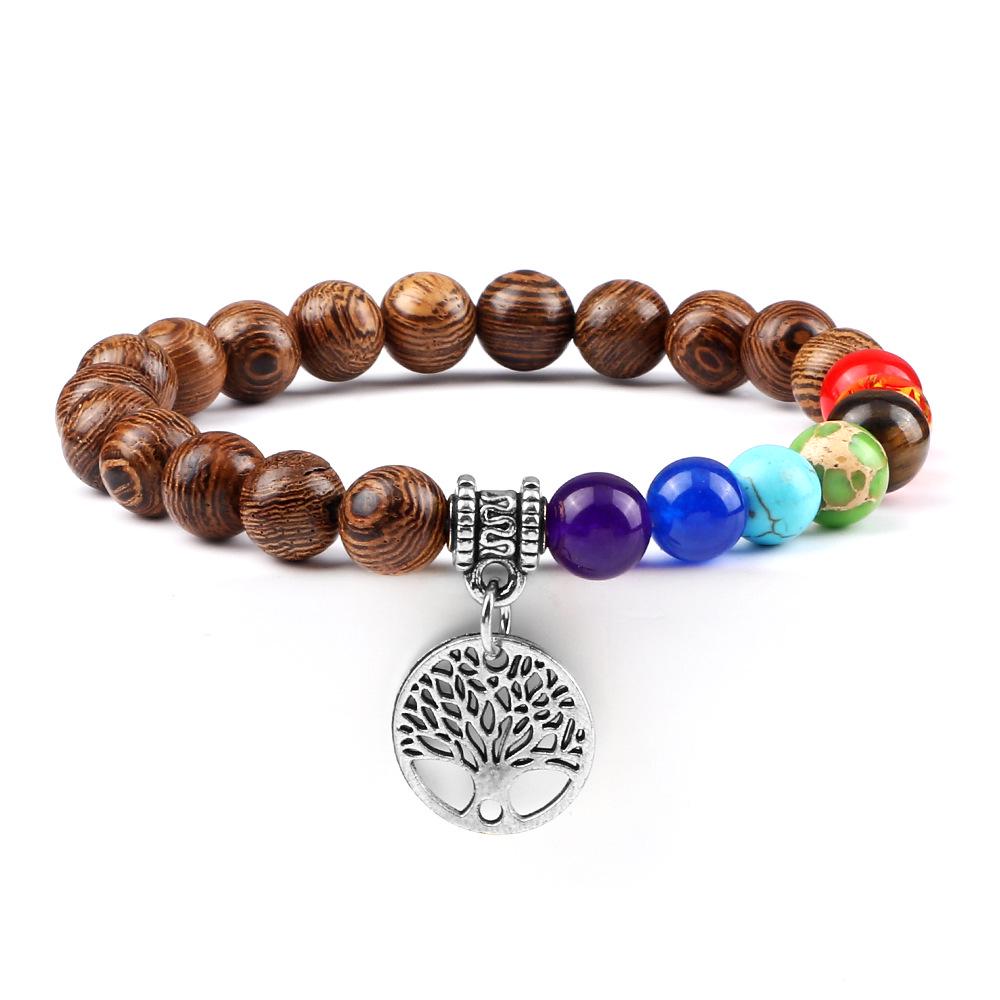 European & American Cross-Border E-commerce Creative 8mm Bead Bracelet with Volcanic Lava & Wooden Beads featuring an Alloy Tree of Life Pendant.