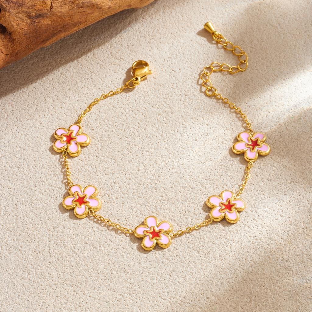 316L Stainless Steel Pink Oil Drop Peach Blossom Flower Bangle Bracelet For Women Lady Fashion New Luxury Jewelry Gift Party