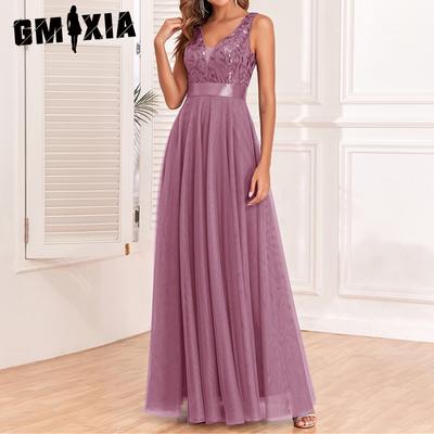 Abito da sera lungo elegante con scollo a V doppio senza maniche, elastico in vita, in tulle ricamato, grande abito da festa a ruota