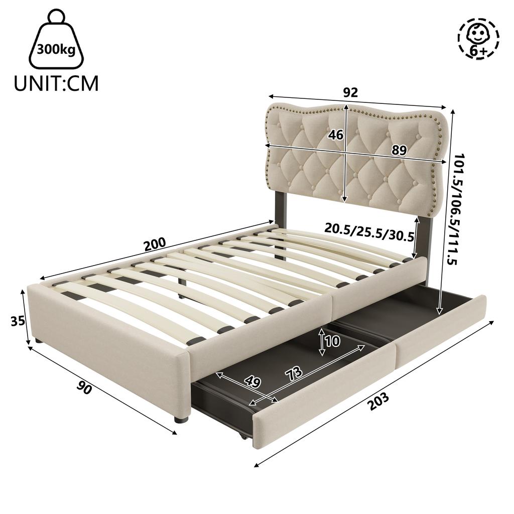 90*200 cm Flat Bed, Upholstered Bed, Nightstand Upholstery with Decorative Studs, Double Drawers, Dark Beige