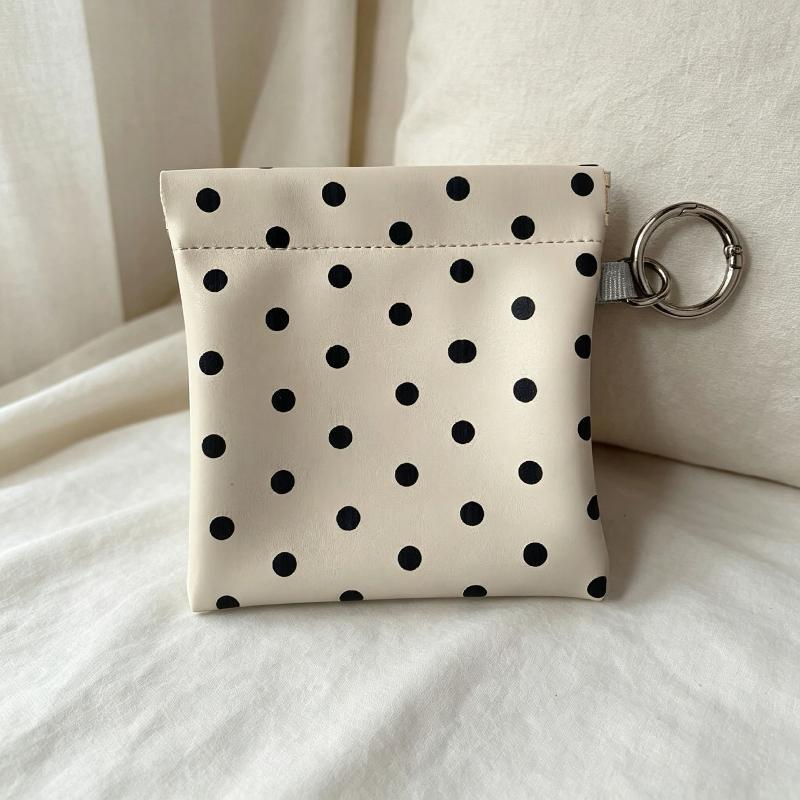 Pu Leather Spring-Loaded Polka Dot Coin Purse With Key Ring Compact Design For Storing Coins Cards Keys Daily Use