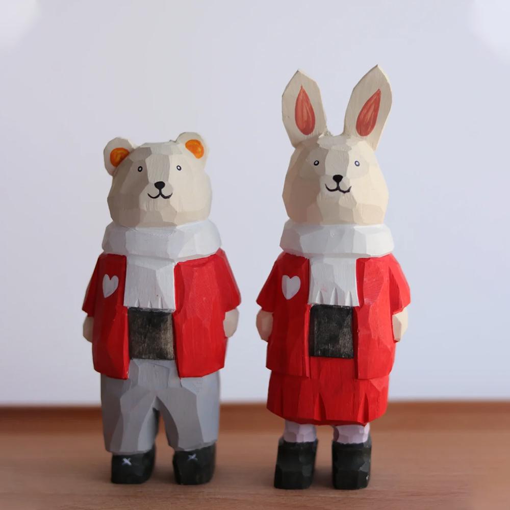 Christmas White Rabbit Figurine Room Decor Handcrafted Wood Carving Home Decorations Desk Accessories Room Wooden Teddy Bear