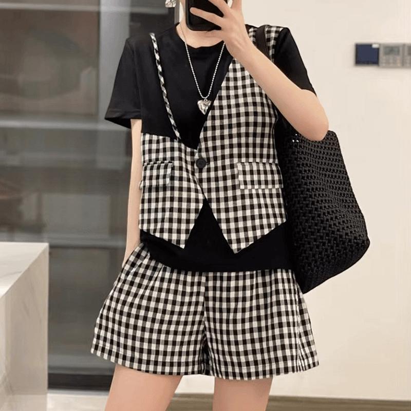 

ZANZEA Женский комплект из футболки с коротким рукавом и шорт, повседневный, с клетчатым принтом, комплект из двух предметов S