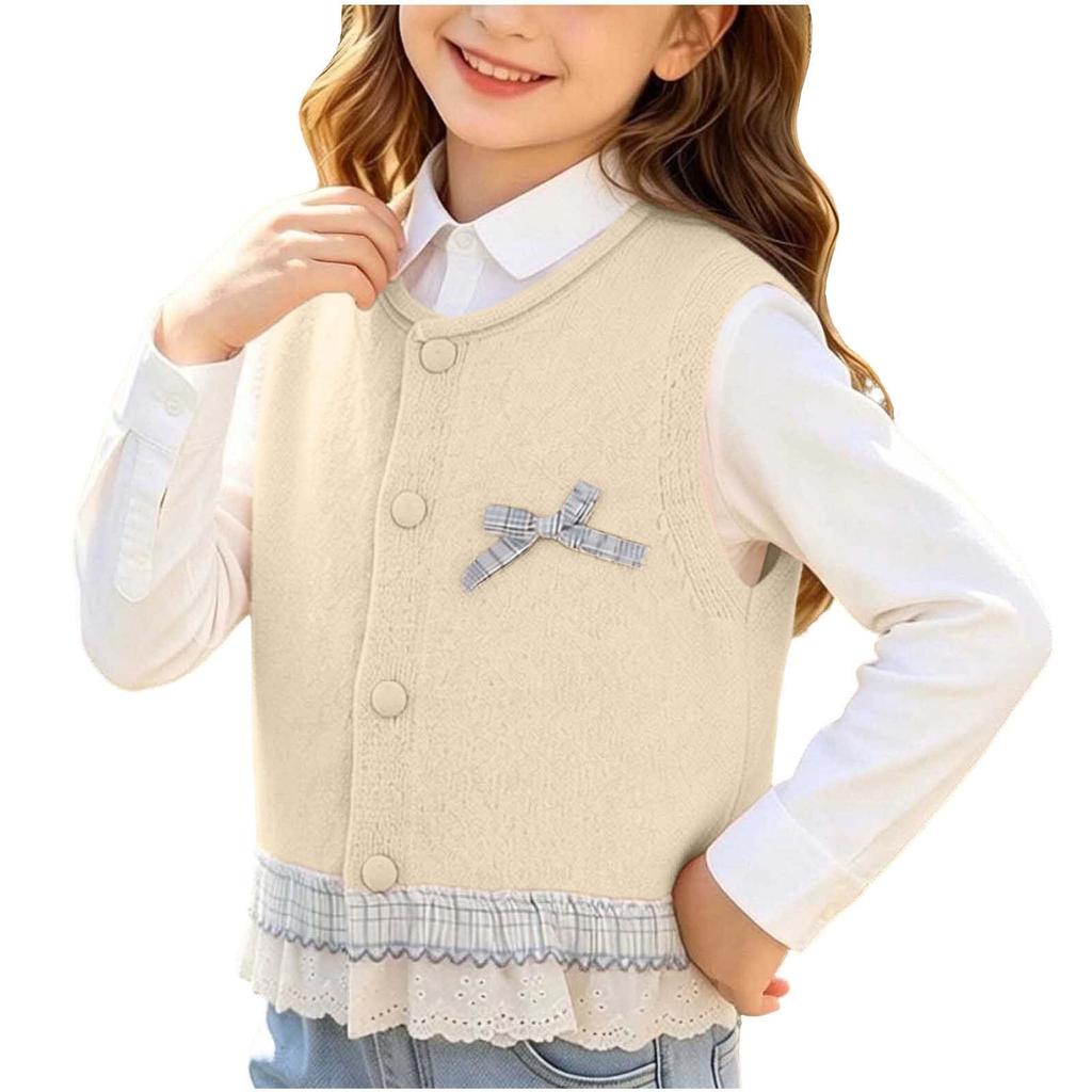 Girls' Open Front Sleeveless Vest with and Lace Trim