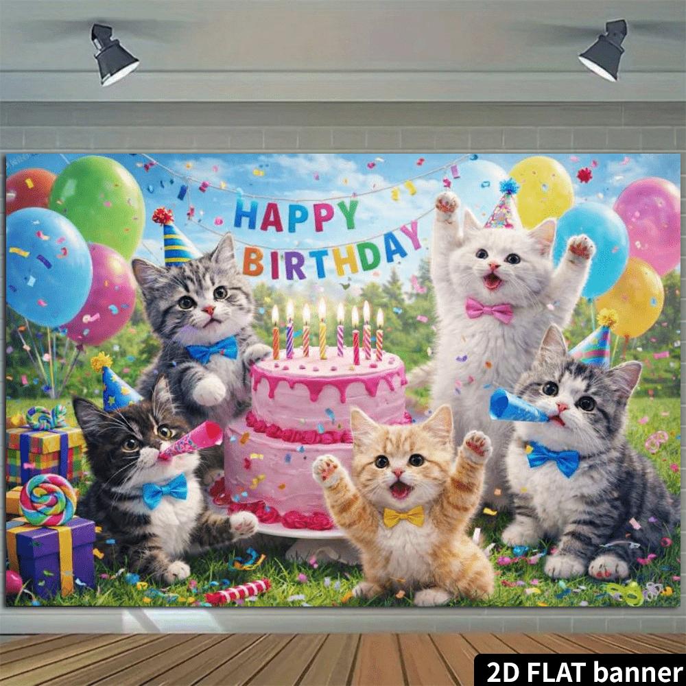 2D Plane Lawn Background Cloth for Celebrating a Cat's Birthday Featuring Five Cute Cats and a Double-layered Pink Cake Element