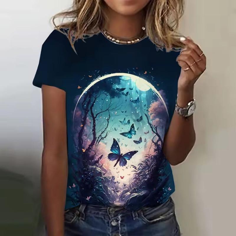 Summer Fashion Women's T-Shirt Butterfly Stylish 3D Printed Flowers Casual Short Sleeved Crew Neck Tees Regular Tops