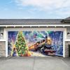 2D flat banner 1PC Christmas winter scene garage door curtain, festive snowman, pine tree and train design, home, yard,