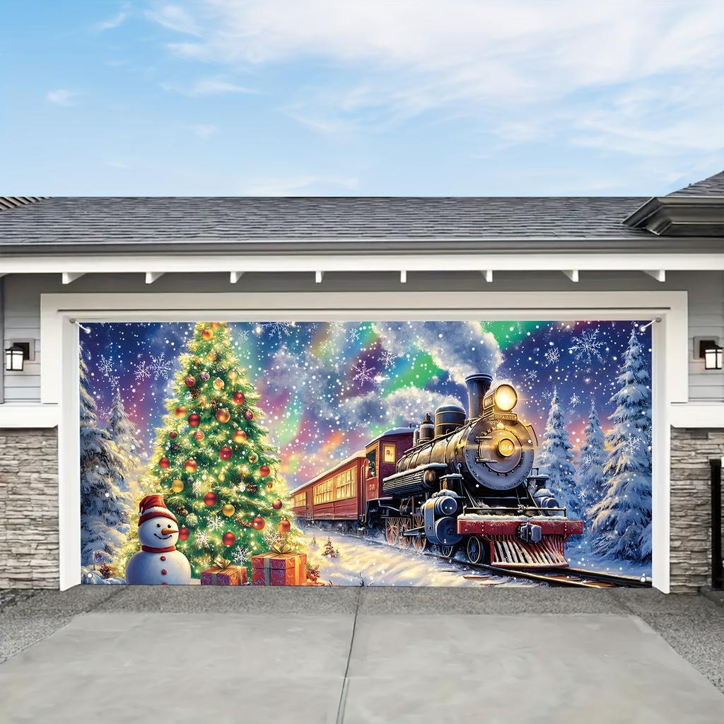 2D flat banner 1PC Christmas winter scene garage door curtain, festive snowman, pine tree and train design, home, yard,