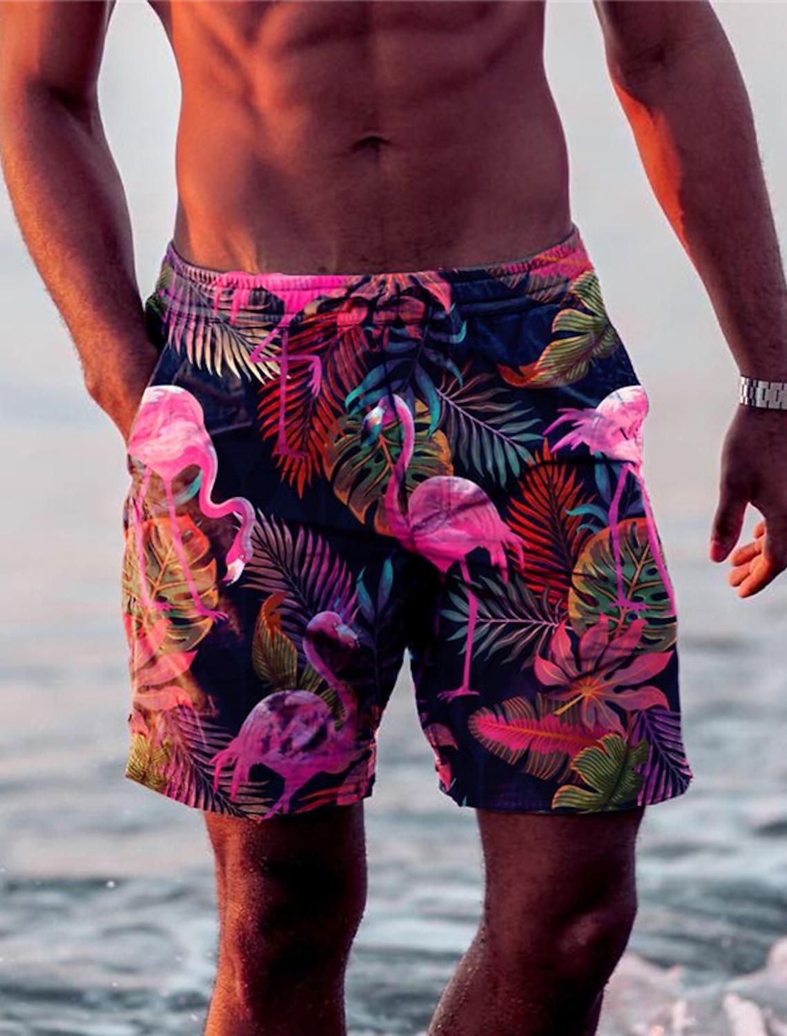 New Men s Shorts Swim Shorts Swim Trunks Drawstring Leaf Flamingo Graphics Quick Dry Short Casual Holiday Hawaiian Micro-elastic M