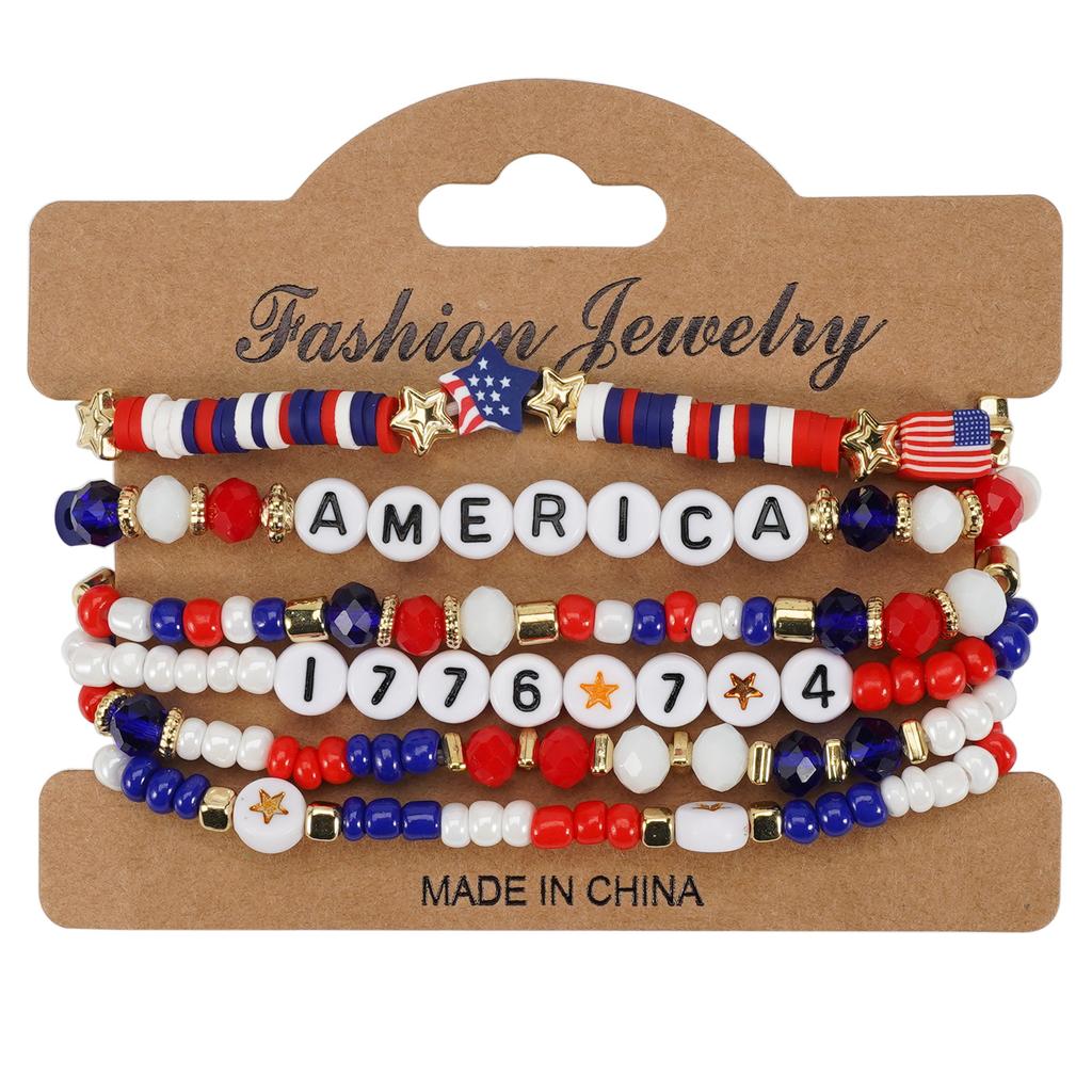 2025 New American Independence Day Bracelet Red White Blue Flag Soft Ceramic Beaded Patriotic
