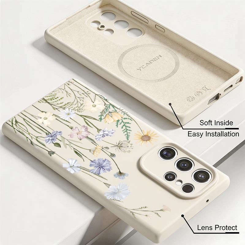 Black Lotus Flowers Print Case For Samsung Galaxy S26 S25 Ultra S24 Plus S23 S22 Ultra Magnetic For Magsafe Liquid Silicone Cover