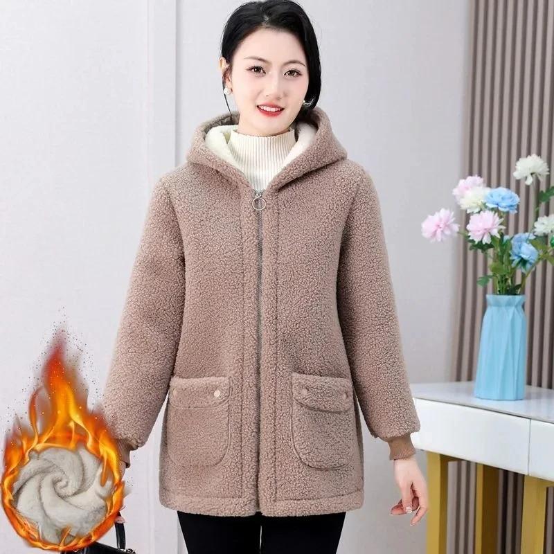 Winter Thick Fleece Single Breasted Lamb Fur Women's Coat Hooded Lapel Pocket Imitation Fur Warm Casual Jacket Female