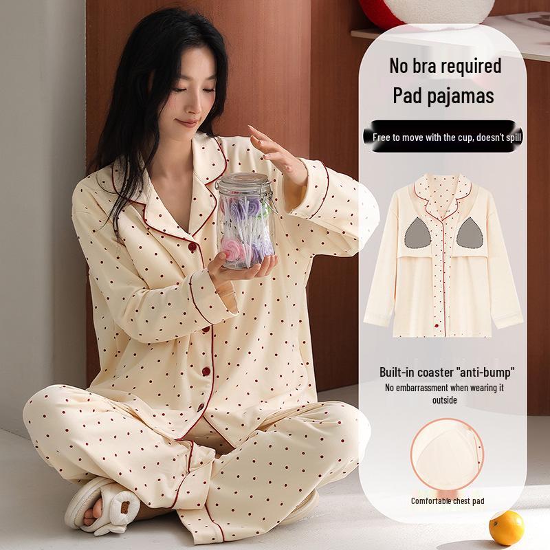 Women's Pure Cotton Pajama Set with Chest Pad, Long Sleeve Cardigan, and Lapel - Spring/Autumn 2025 Style.