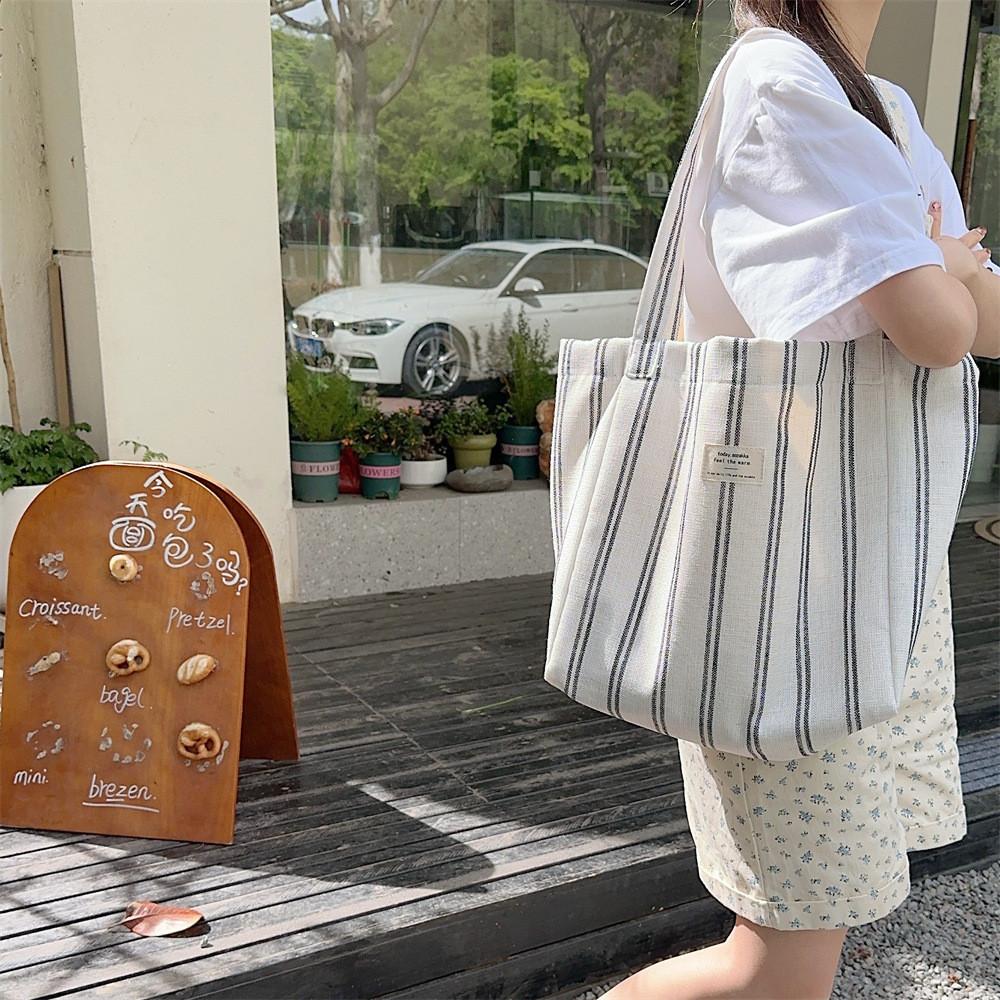Fashionable Korean Large Capacity Striped Canvas Tote Bag For Spring Summer