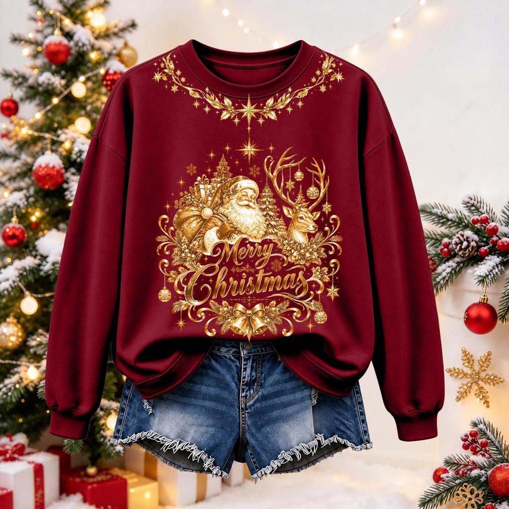 Women's Christmas Print Long Sleeve Top Casual Winter Comfortable Blouse for Holiday Wear